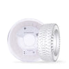 White spool of 3D printer filament with a tire-tread pattern visible on its side.