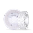 White spool of 3D printer filament with a tire-tread pattern visible on its side.