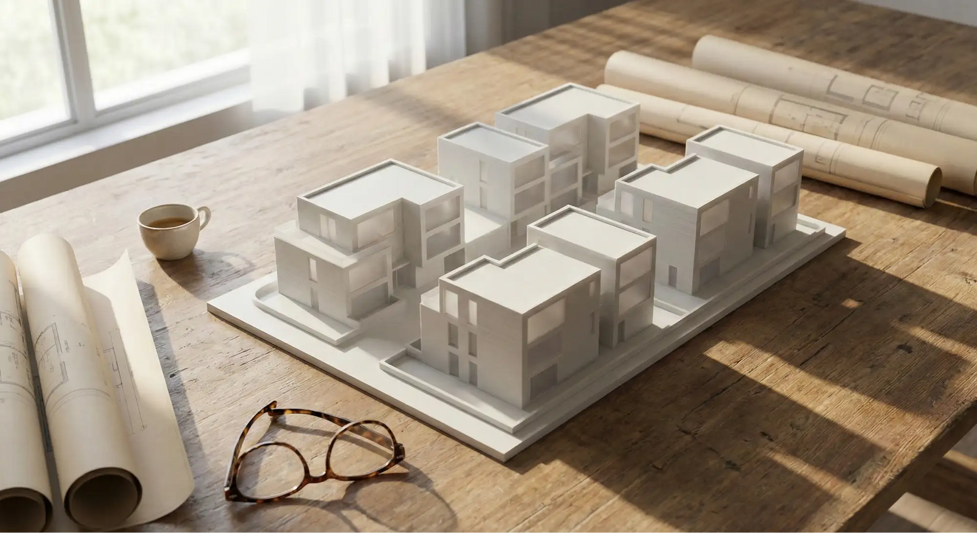 3D printed housing development scale model on architectural blueprints - Eolas Prints
