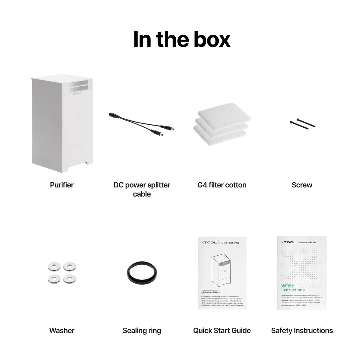 Lieferumfang Air Purifier Go: Reiniger, DC-Splitterkabel, G4-Filterwatte und Montageteile
