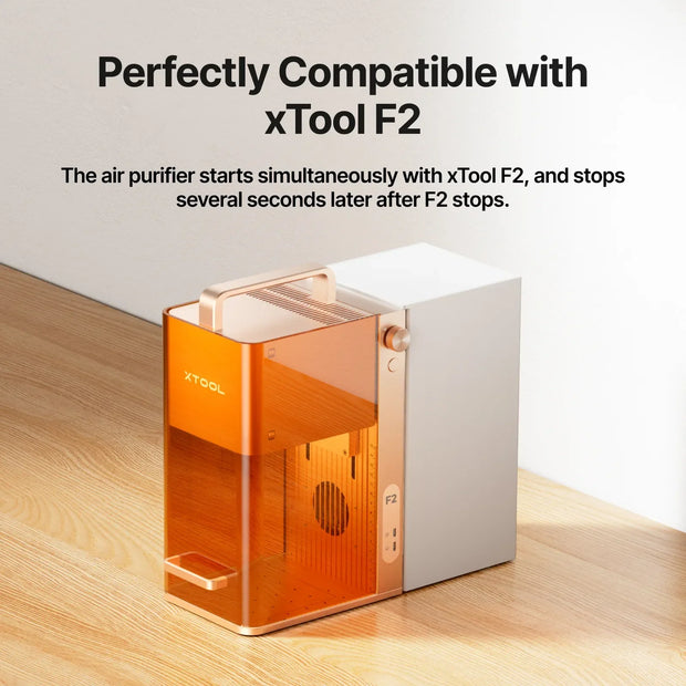 Air Purifier Go hinter dem xTool F2 montiert, startet und stoppt mit dem Laser