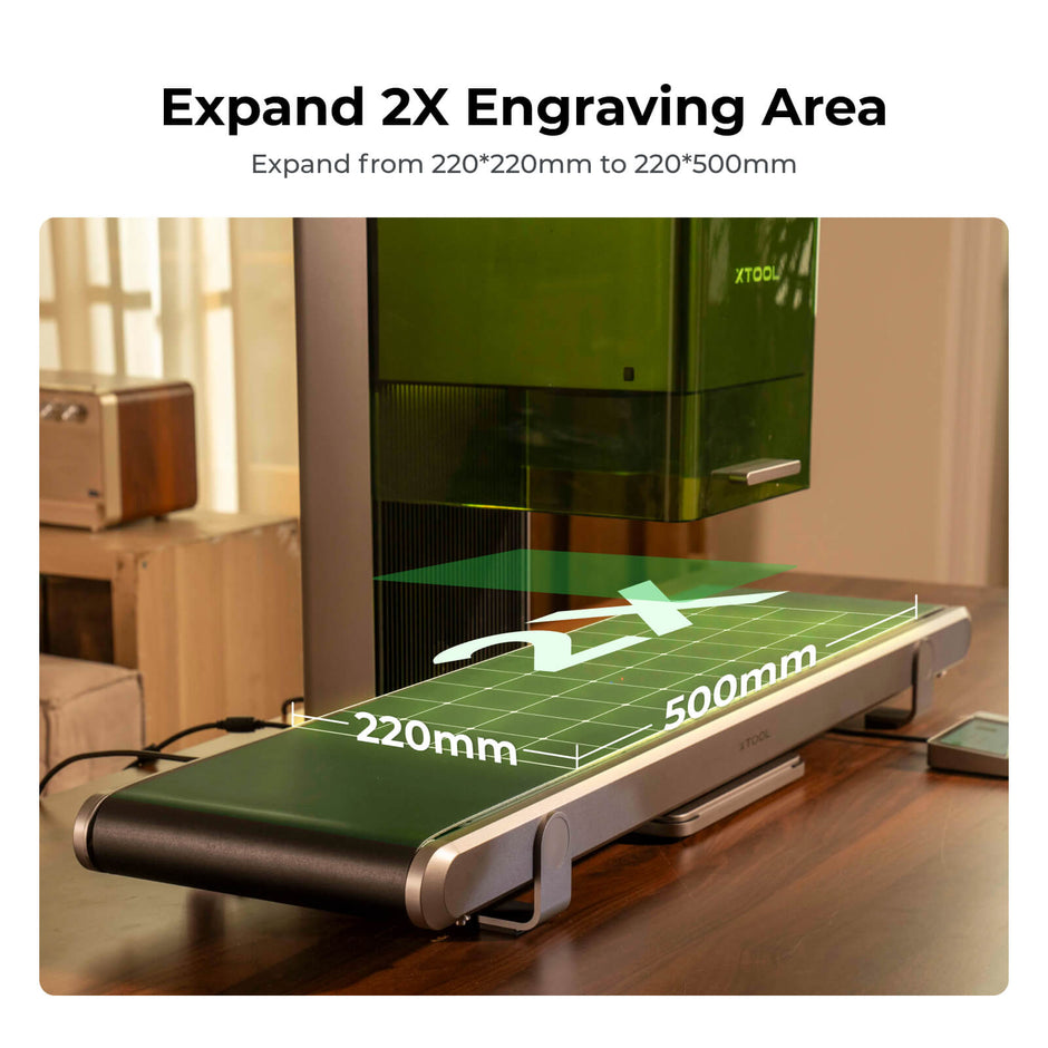 Das Förderband erweitert die Gravurfläche von 220 x 220 mm auf 220 x 500 mm