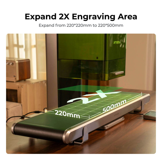 Das Förderband erweitert die Gravurfläche von 220 x 220 mm auf 220 x 500 mm