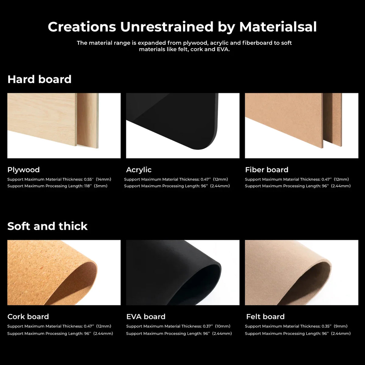 Hard and soft materials supported by the xTool P2 conveyor feeder
