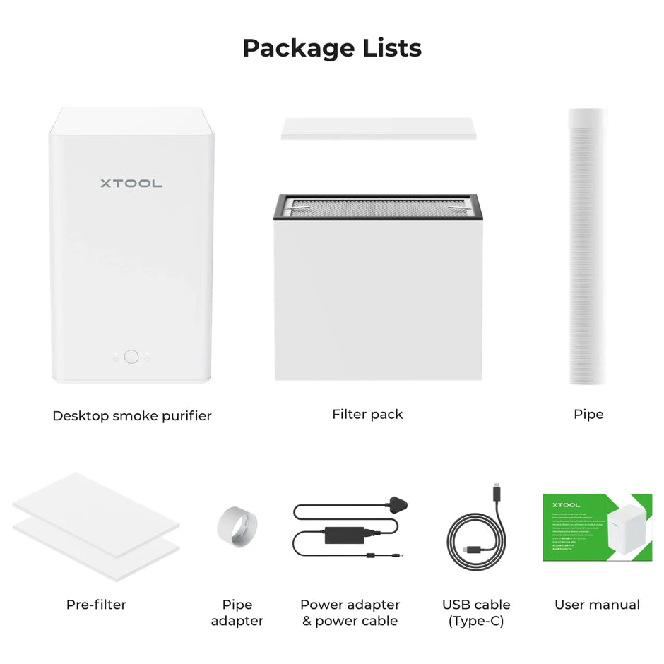 Lieferumfang Desktop-Luftreiniger: Gerät, Filterpaket, Rohr, Vorfilter, Adapter und Kabel