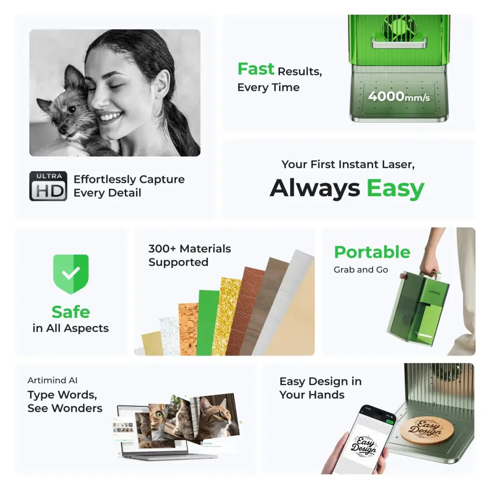 Advertisement for xTool F1 Portable High Speed Laser Engraver showcasing its features