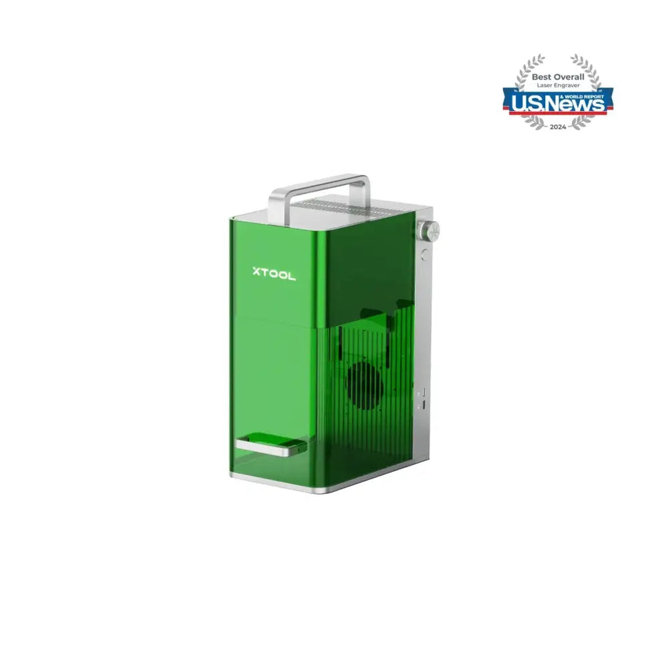 Green and silver portable high speed laser engraver with handle, xtool F1 portable laser engraver