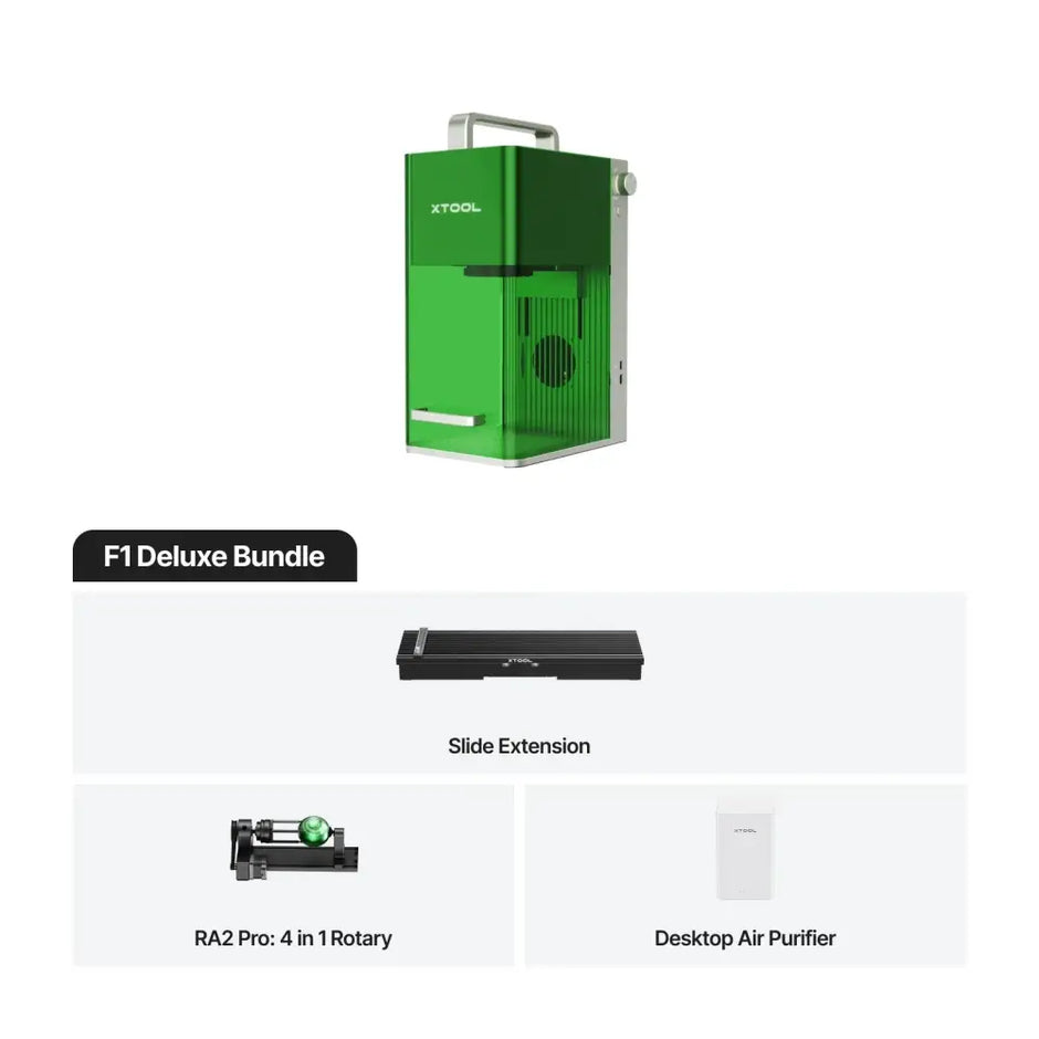 XTool F1 Portable high speed laser engraver with accessories and desktop air purifier