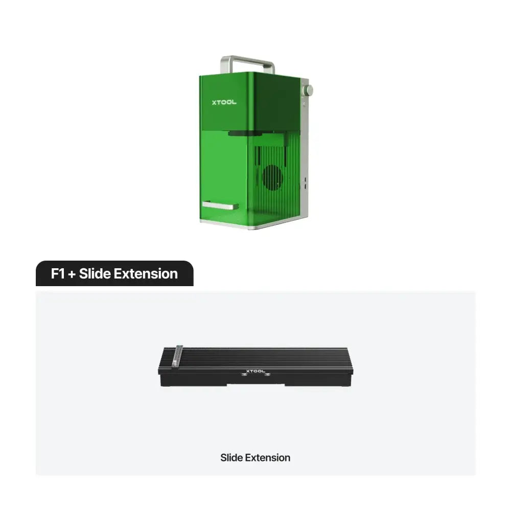 Green and silver xTool F1 Portable High Speed Laser Engraver with slide extension accessory