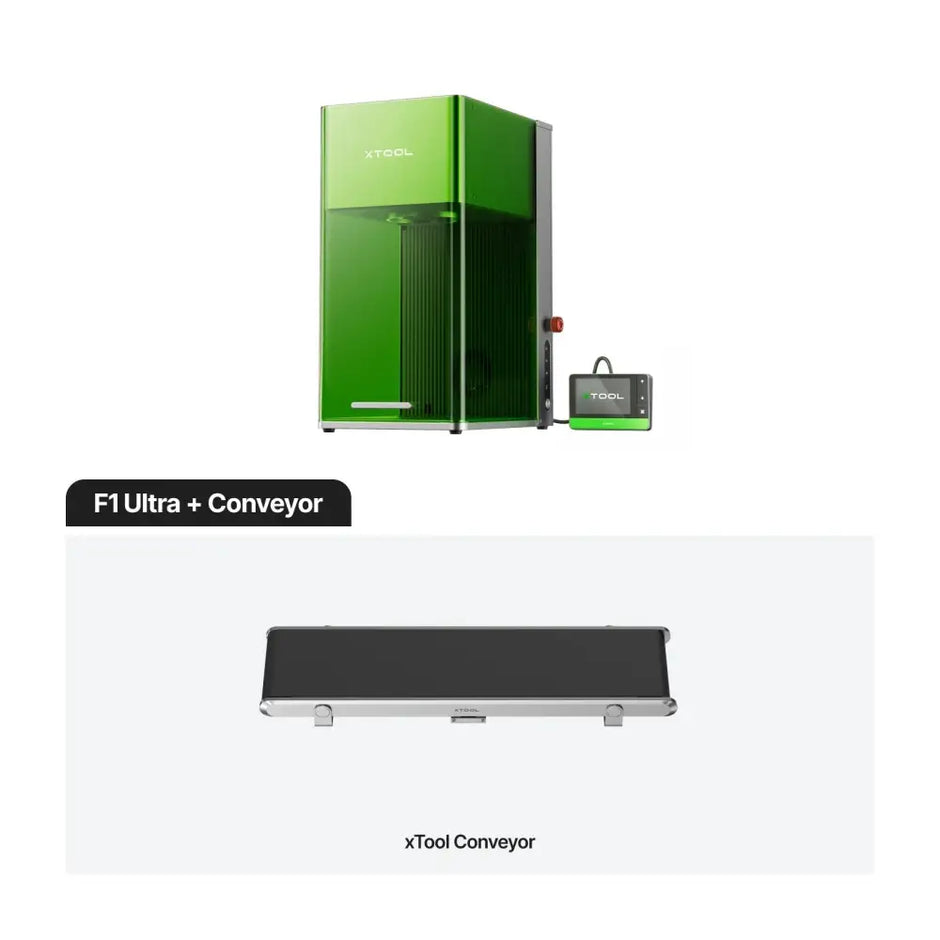 Green and gray laser engraver with detachable conveyor belt for precision cutting at xTool F1 Ultra