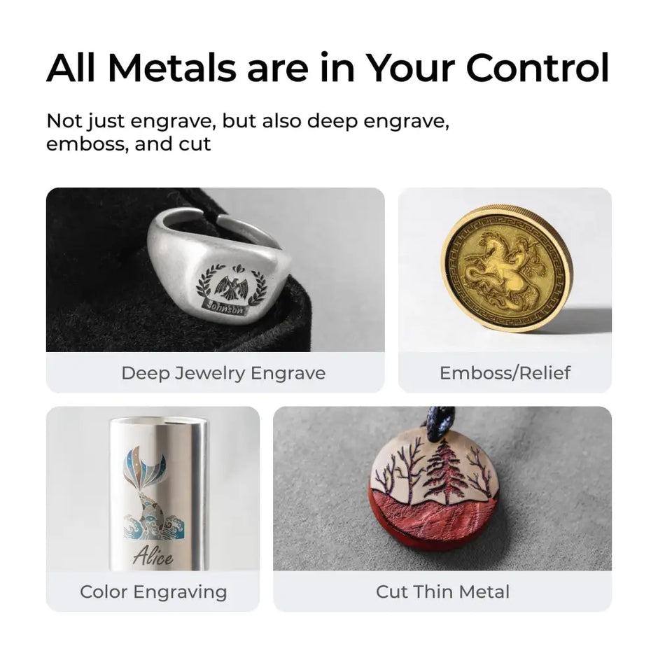 Promotional image of xTool F1 Ultra laser engraver showcasing metal engraving and precision cutting capabilities