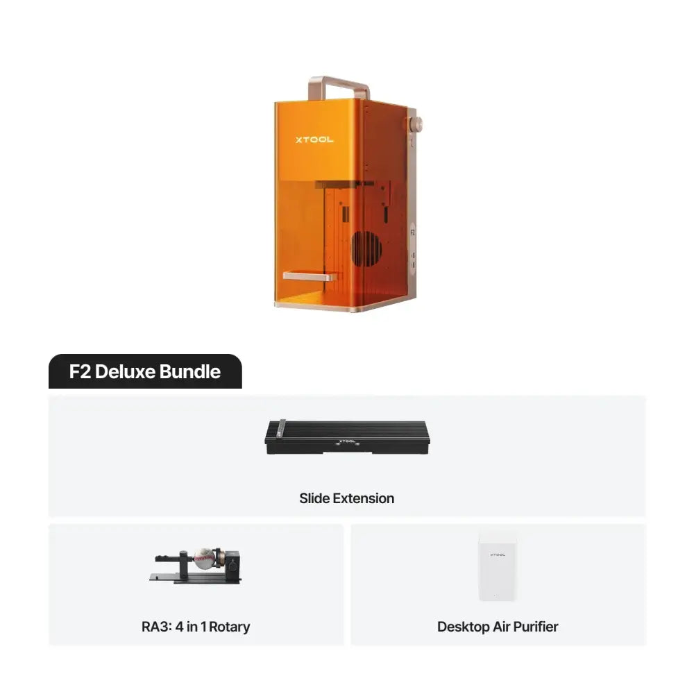 XTool F2 5W IR & 15W Diode Laser Engraver with orange 3D printer, slide extension, and air purifier