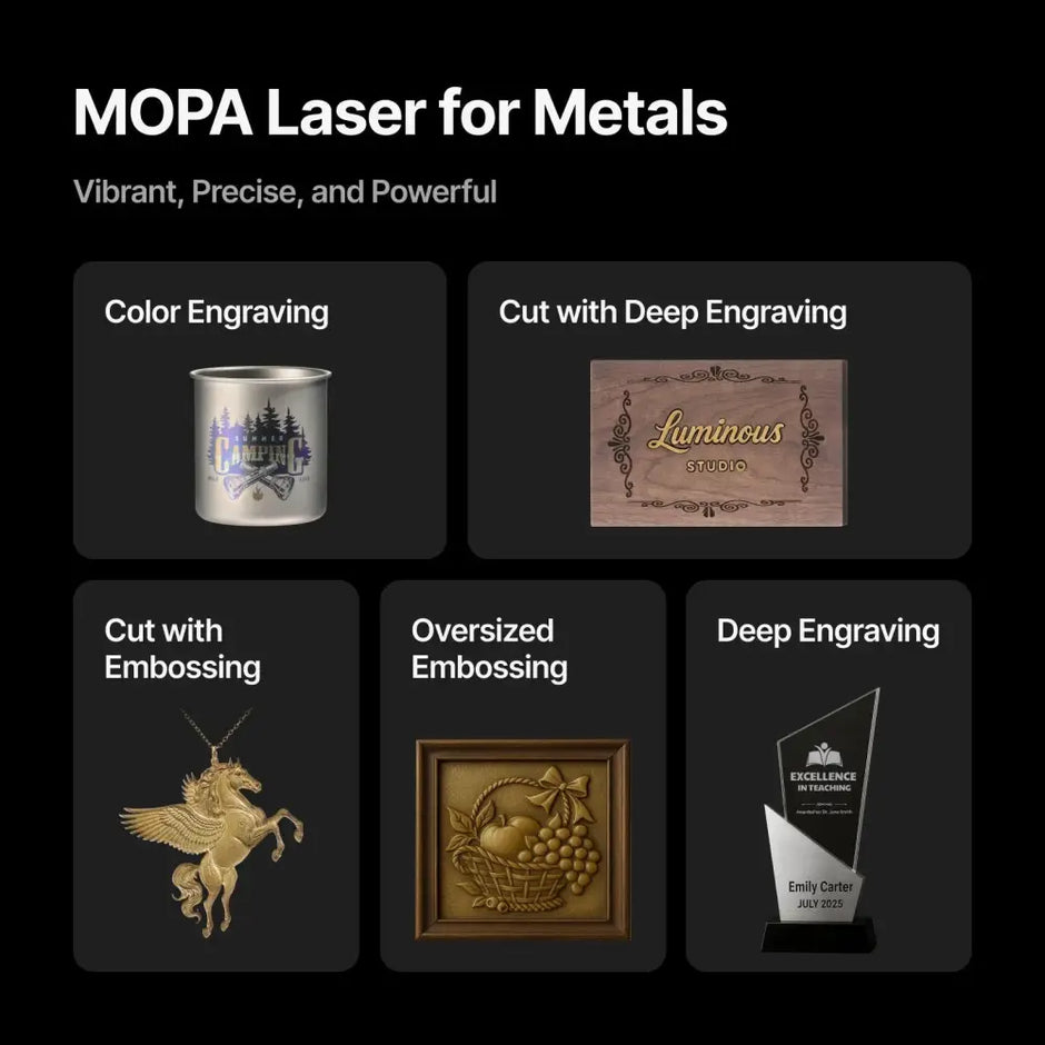 XTool F2 Ultra 60W MOPA laser for metal engraving with color, deep, and embossed effects