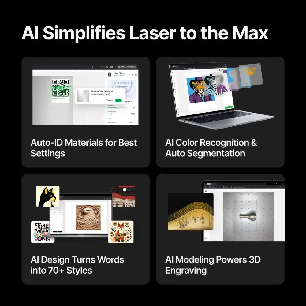 Promotional image showcasing AI-powered laser engraving features on the xTool F2 Ultra 60W MOPA and 40W Diode Laser Engraver