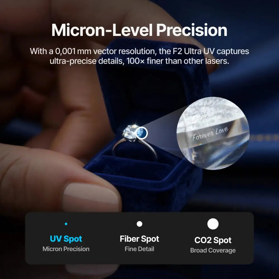 XTool F2 Ultra laser engraver engraved diamond ring in blue velvet box