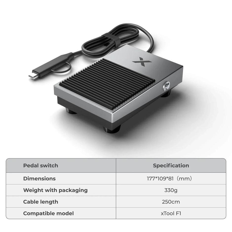 Technische Daten des xTool Fußpedals: 177 x 109 x 81 mm, 330 g, 250 cm Kabel