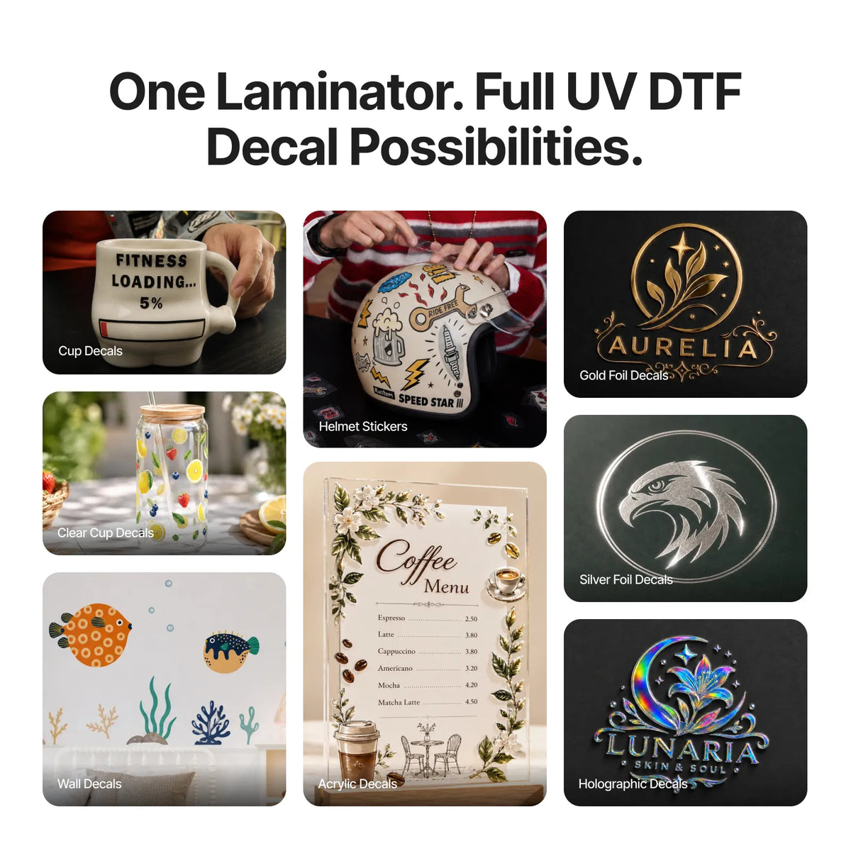 Mit dem LM1 hergestellte UV-DTF-Aufklebertypen
