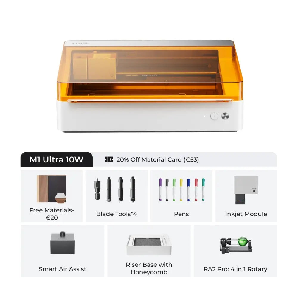 Amber-colored desktop laser cutter with a white base and included accessory components shown below.