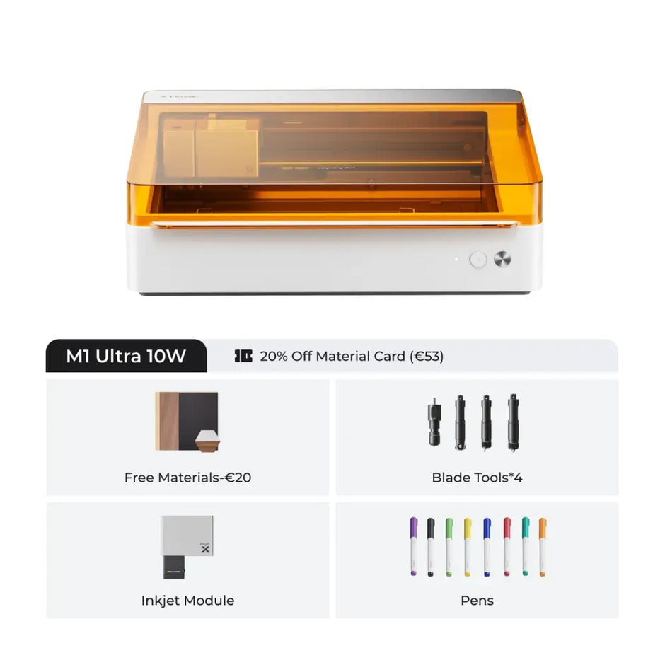 Desktop laser cutter/engraver with orange-tinted protective cover and accessory kit components shown below.