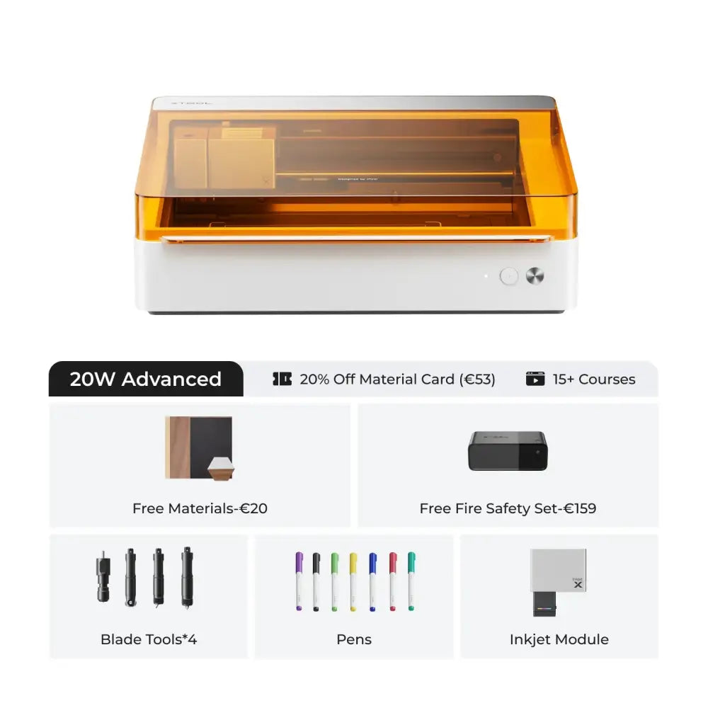 Laser engraving machine with accessories.