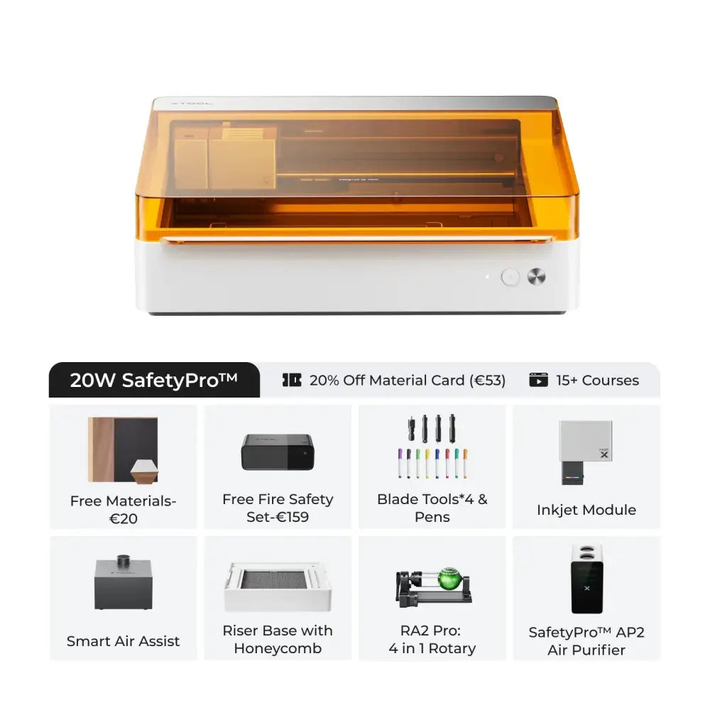 Laser engraving machine with accessories.