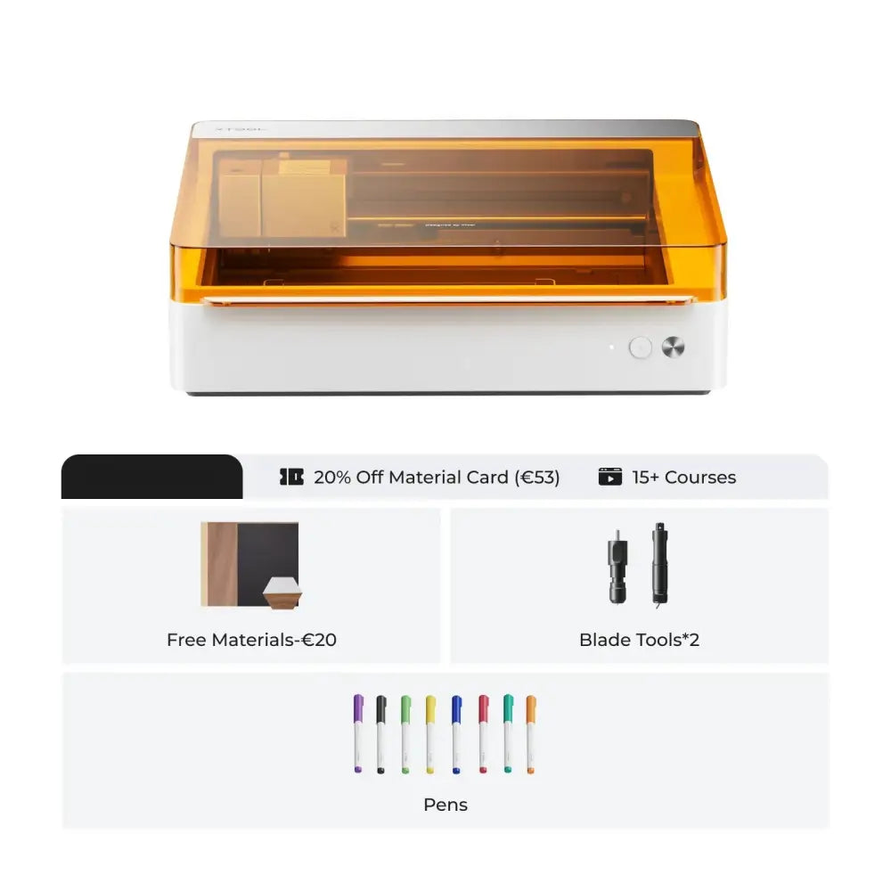 Laser engraving machine with accessories.