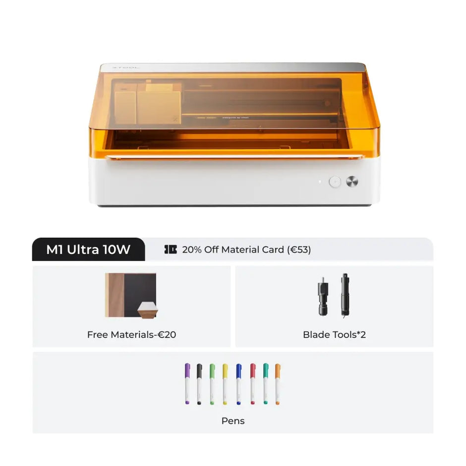 Orange-tinted laser cutter/engraver machine with a transparent lid and white base.