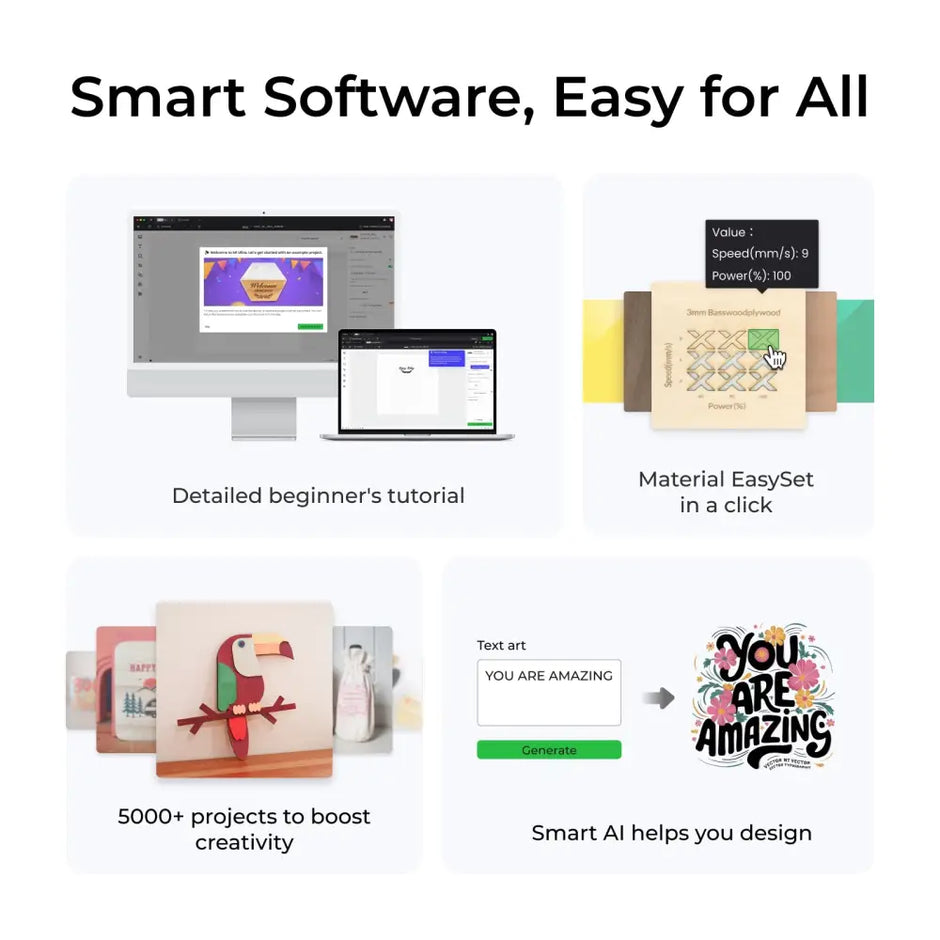 A promotional graphic showcasing software features including tutorials, material presets, project examples, and AI design assistance.