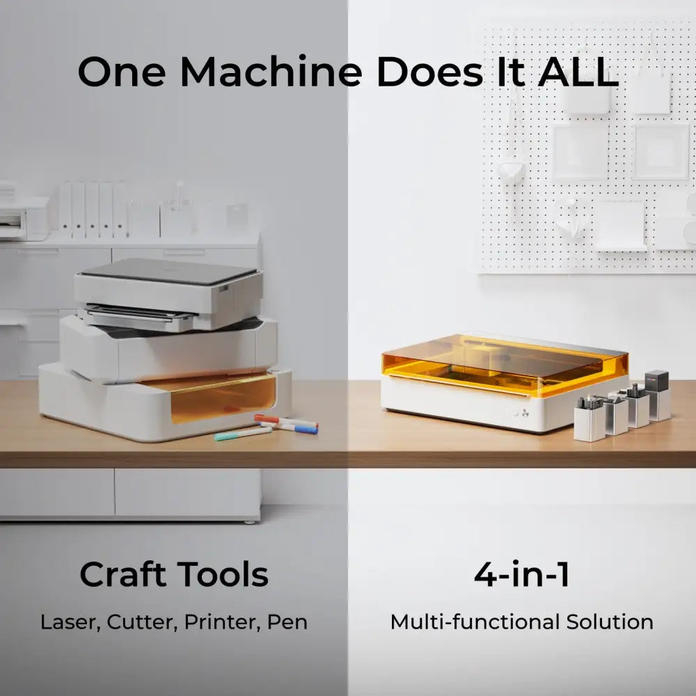 White and orange multi-functional machine that combines laser cutting, printing, and pen tools in one device.