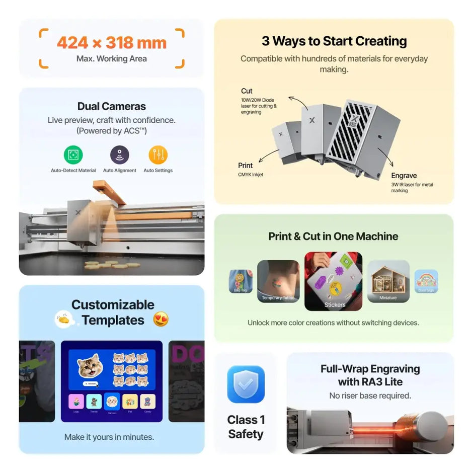 The xtool m2 color craft laser cutter and engraver is a sleek silver machine with dual cameras for precise live previewing