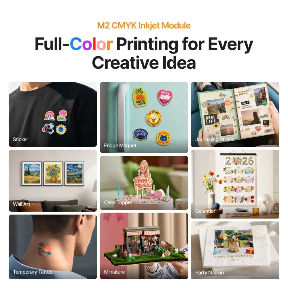 Full-color printed stickers and crafts created by xtool m2 color craft laser cutter and engraver for versatile creative projects