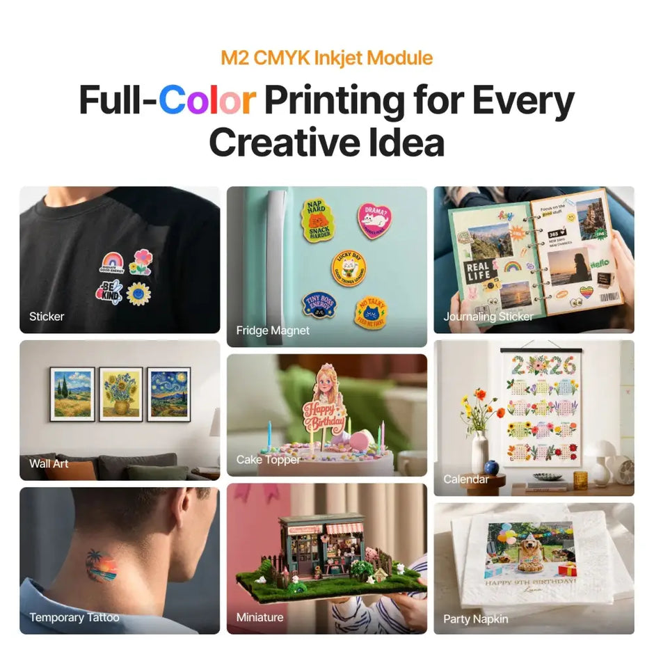Full-color printed stickers and crafts created by xtool m2 color craft laser cutter and engraver for versatile creative projects