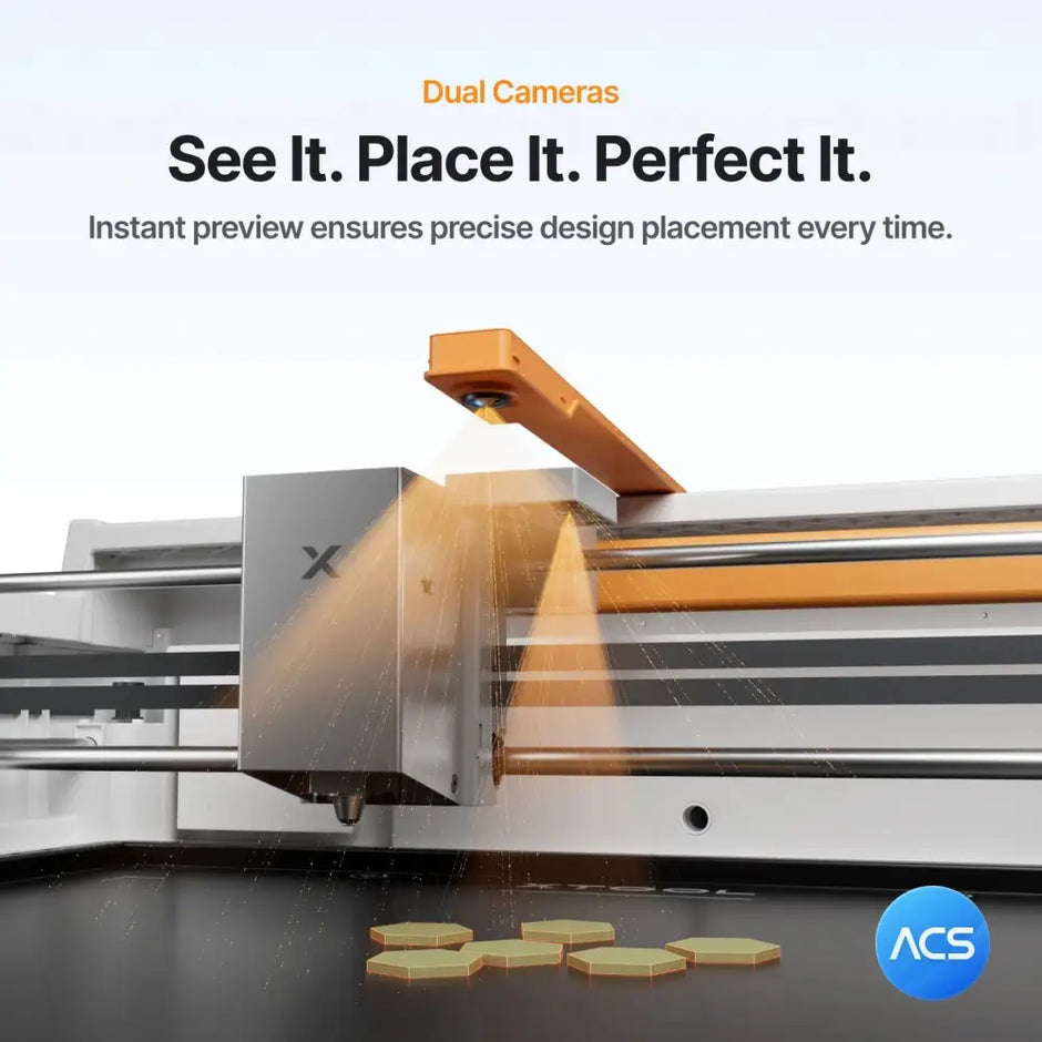 Modern industrial-grade xtool m2 color craft laser cutter and engraver with sleek metallic body orange accents and dual cameras