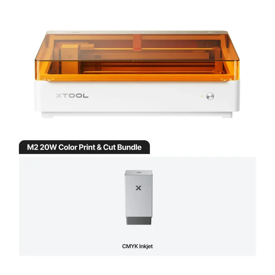 White and orange xTool M2 color craft laser cutter and engraver with silver CMYK inkjet printer for precise print and cut tasks