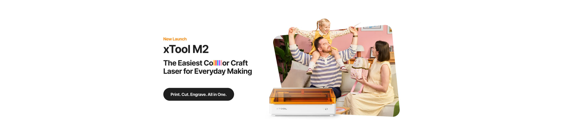 xTool M2 laser cutter with family using it, on a white background