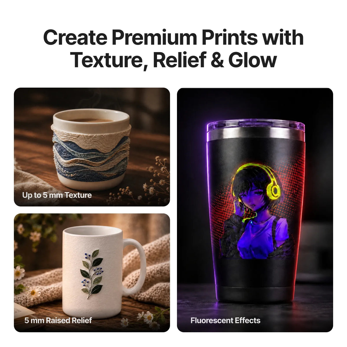 Textura, relieve y efectos fluorescentes en vasos y tazas