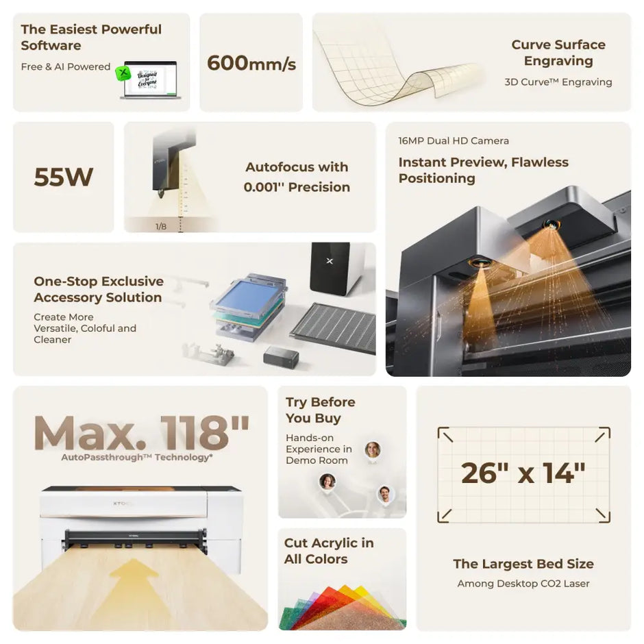 XTool P2S 55W Desktop CO2 Laser Cutter with 16MP Dual HD Camera and 26x14 Inch Bed