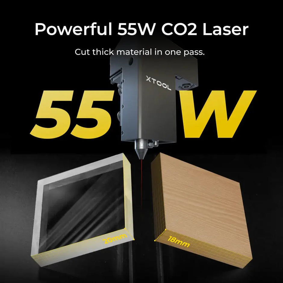 XTool P2S 55W Desktop CO2 Laser Cutter with black and yellow accents for thick material engraving