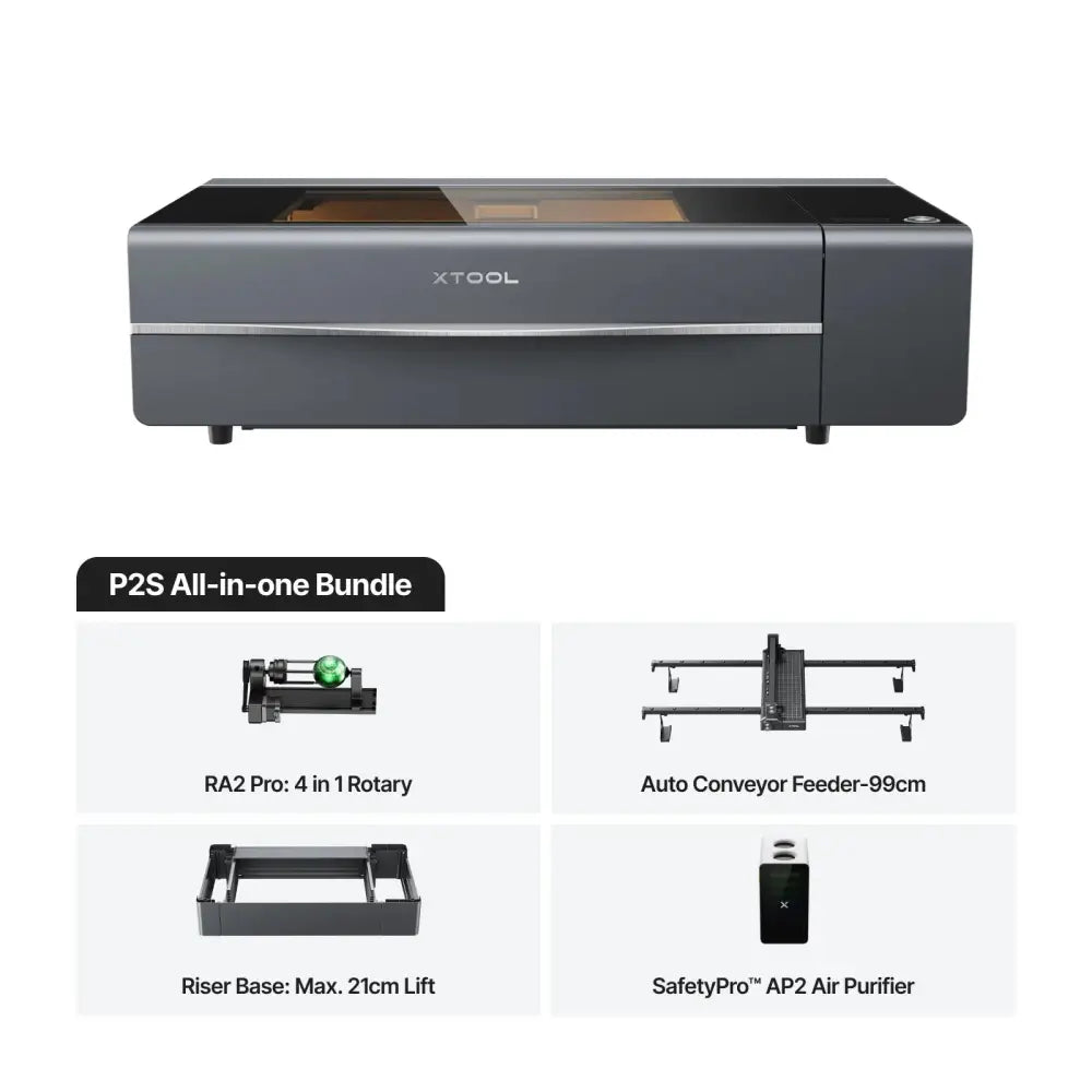 XTool P2S 55W Desktop CO2 Laser Cutter with all-in-one bundle, rotary head, conveyor, and air purifier