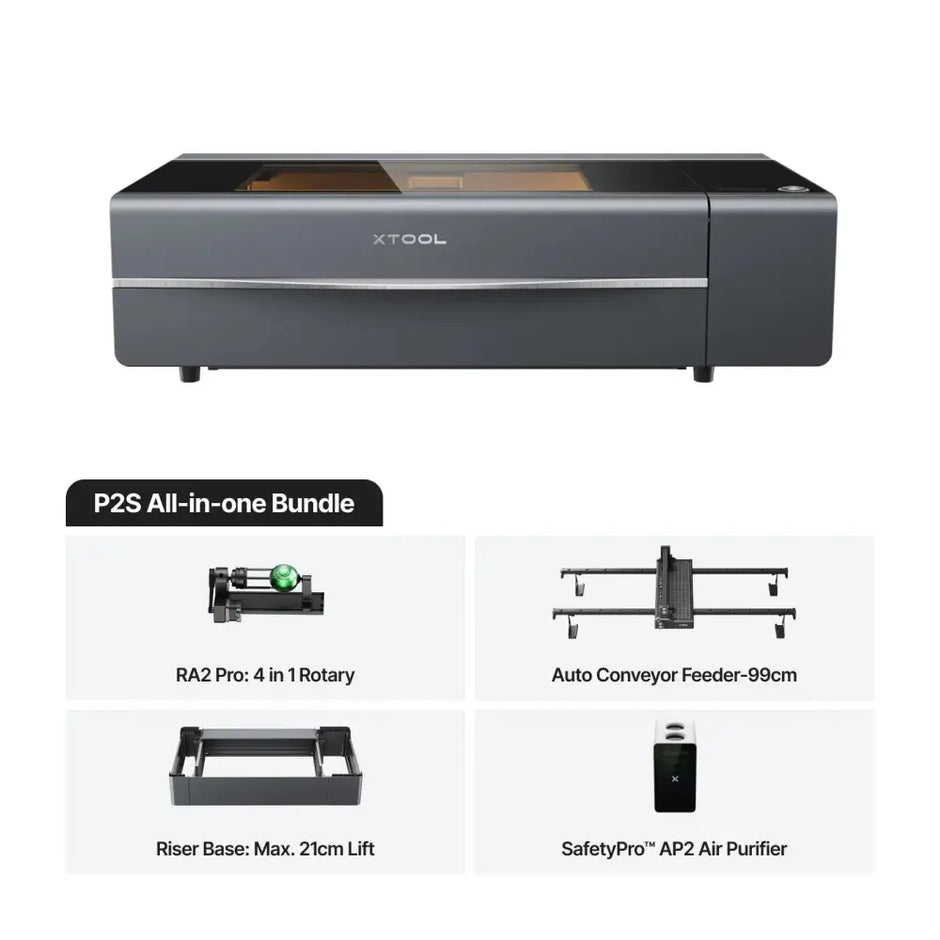 XTool P2S 55W Desktop CO2 Laser Cutter with all-in-one bundle, rotary head, conveyor, and air purifier