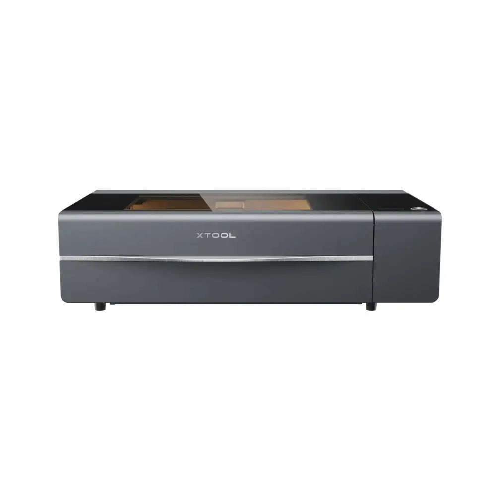 XTool P2S 55W Desktop CO2 Laser Cutter with sleek black and silver design and adjustable platform