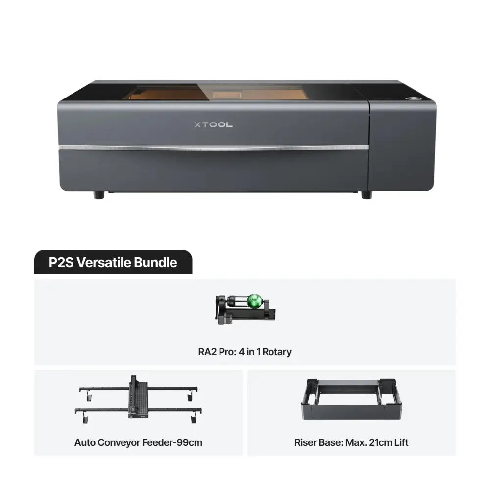 Xtool P2S 55W Desktop CO2 Laser Cutter with versatile bundle, black and silver design, auto conveyor feeder