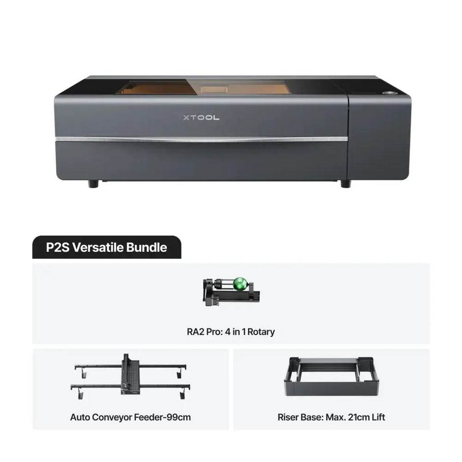 Xtool P2S 55W Desktop CO2 Laser Cutter with versatile bundle, black and silver design, auto conveyor feeder