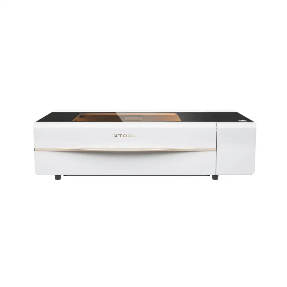 White and gold xTool P2S 55W Desktop CO2 Laser Cutter with black glass top