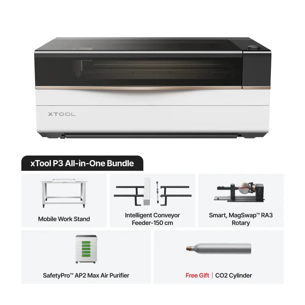 XTool P3 80W CO2 laser cutter bundle with mobile stand, air purifier, CO2 cylinder