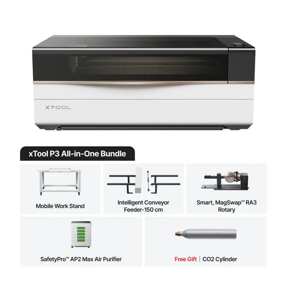 XTool P3 80W CO2 laser cutter bundle with mobile stand, air purifier, CO2 cylinder