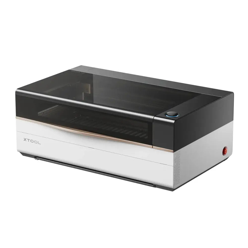 XTool P3 80W CO2 laser cutter with black and white 3D printer casing and transparent glass top