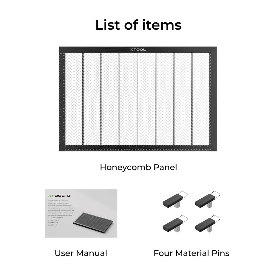 Honeycomb panel box contents: panel, four material pins and manual