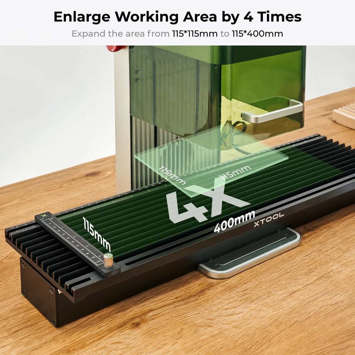 Die Slide Extension vergrößert die Arbeitsfläche von 115 x 115 mm auf 115 x 400 mm