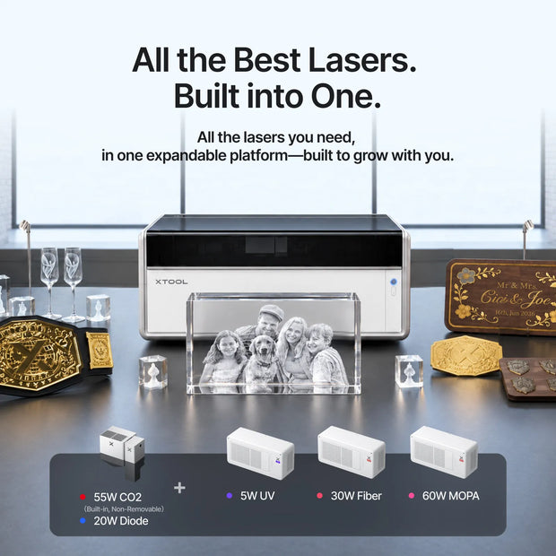 xTool X1 Laser Swap with CO2, diode, UV, MOPA and fibre laser sources
